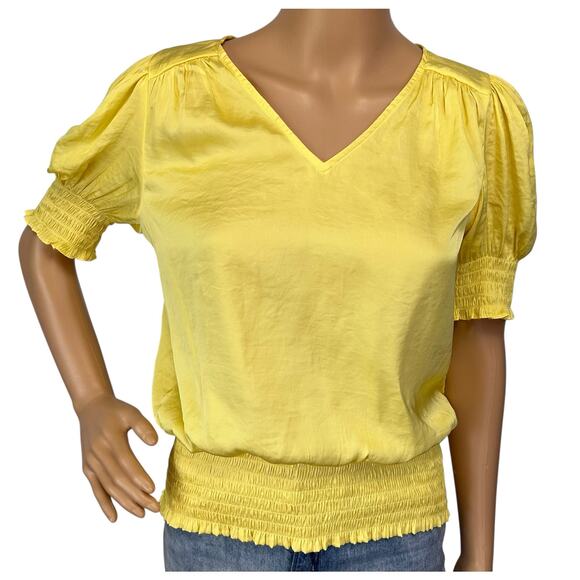 2/$15 Philosophy Satin Smocked Blouse Yellow V-Neck Short Sleeve Size S - Picture 2 of 11